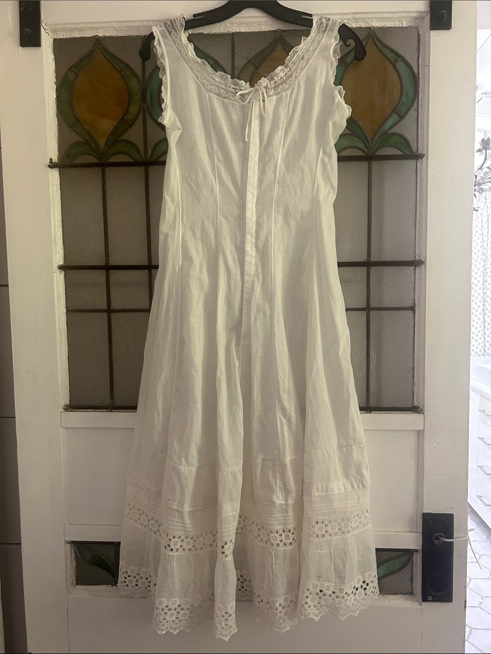 Antique White Cotton Maxi Dress with Lace Trim